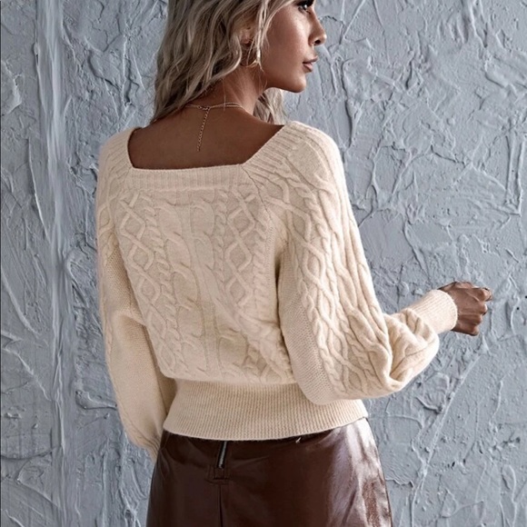 Solid Bishop Sleeve Cable Knit Sweater - Picture 2 of 5